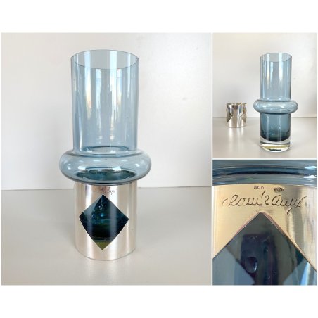 VASO VETRO AZZURRO FASCIA ARG. 800 DESIGN Claude Cuny 558 ARGENTIERE FIRENZE '70