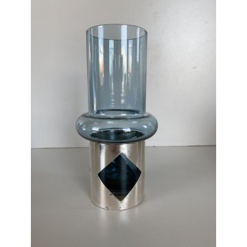 VASO VETRO AZZURRO FASCIA ARG. 800 DESIGN Claude Cuny 558 ARGENTIERE FIRENZE '70
