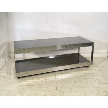 TAVOLINO DA SALOTTO ANNI 70 ACCIAIO CROMATO 2 RIPIANI LEGNO LACCATO TABLE BASS