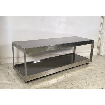TAVOLINO DA SALOTTO ANNI 70 ACCIAIO CROMATO 2 RIPIANI LEGNO LACCATO TABLE BASS