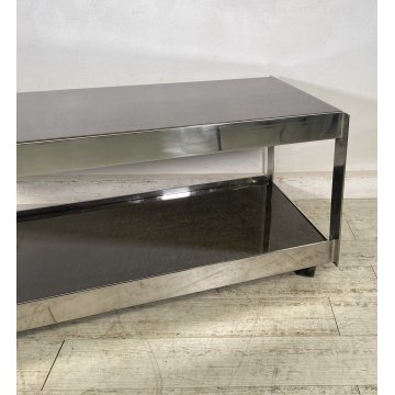 TAVOLINO DA SALOTTO ANNI 70 ACCIAIO CROMATO 2 RIPIANI LEGNO LACCATO TABLE BASS
