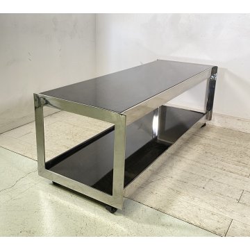 TAVOLINO DA SALOTTO ANNI 70 ACCIAIO CROMATO 2 RIPIANI LEGNO LACCATO TABLE BASS
