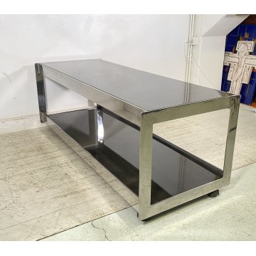 TAVOLINO DA SALOTTO ANNI 70 ACCIAIO CROMATO 2 RIPIANI LEGNO LACCATO TABLE BASS