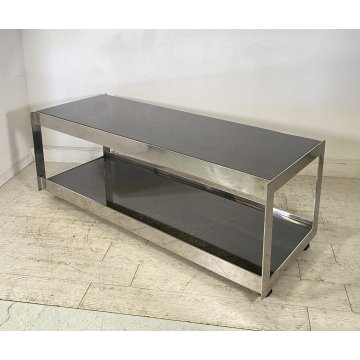 TAVOLINO DA SALOTTO ANNI 70 ACCIAIO CROMATO 2 RIPIANI LEGNO LACCATO TABLE BASS