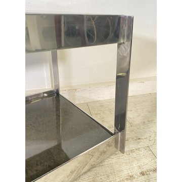 TAVOLINO DA SALOTTO ANNI 70 ACCIAIO CROMATO 2 RIPIANI LEGNO LACCATO TABLE BASS