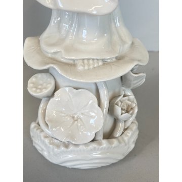 COPPIA FIGURE Guanyin CON FIORE PORCELLANA BIANCA Blanc de Chine 29cm/h XX sec