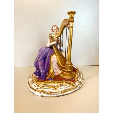 ANTICA SCULTURA DAMA con ARPA CERAMICA MAIOLICA G. Cacciapuoti n° ANNI 30