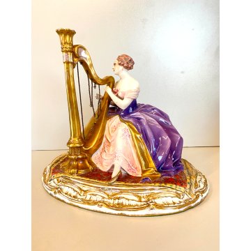 ANTICA SCULTURA DAMA con ARPA CERAMICA MAIOLICA G. Cacciapuoti n° ANNI 30