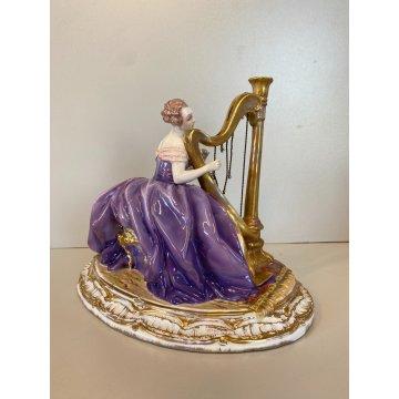 ANTICA SCULTURA DAMA con ARPA CERAMICA MAIOLICA G. Cacciapuoti n° ANNI 30