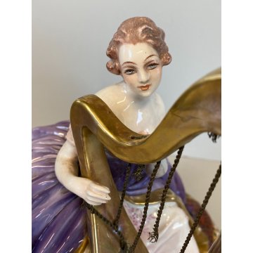 ANTICA SCULTURA DAMA con ARPA CERAMICA MAIOLICA G. Cacciapuoti n° ANNI 30
