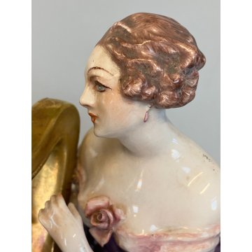 ANTICA SCULTURA DAMA con ARPA CERAMICA MAIOLICA G. Cacciapuoti n° ANNI 30