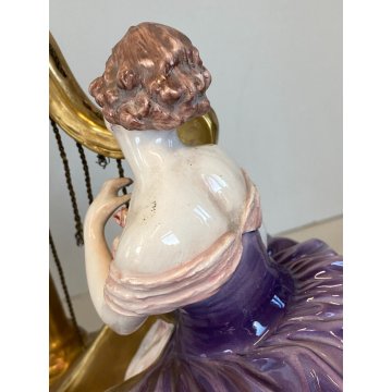ANTICA SCULTURA DAMA con ARPA CERAMICA MAIOLICA G. Cacciapuoti n° ANNI 30