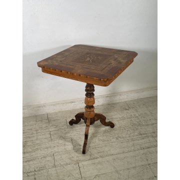 ANTICO TAVOLINO LEGNO INTARSIATO GIOCO TORNITO TAVOLO SALOTTO epoca '900