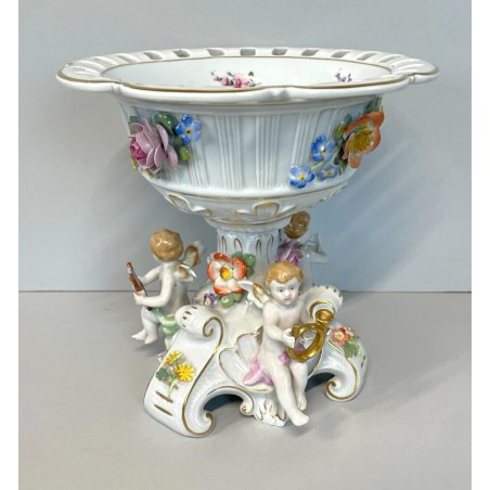 ALZATA CERAMICA CAPODIMONTE PUTTI MUSICISTI ANGIOLETTI DECORO FIORI VASO COPPA