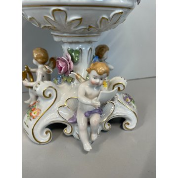 ALZATA CERAMICA CAPODIMONTE PUTTI MUSICISTI ANGIOLETTI DECORO FIORI VASO COPPA