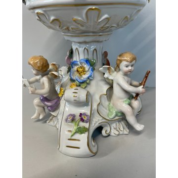 ALZATA CERAMICA CAPODIMONTE PUTTI MUSICISTI ANGIOLETTI DECORO FIORI VASO COPPA