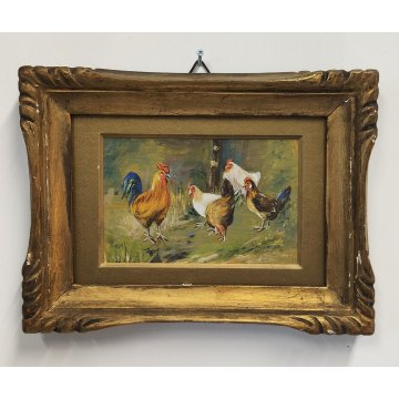 ANTICO PICCOLO QUADRO olio tavola DIPINTO GALLINE GALLO La Foret CORNICE ORO 900