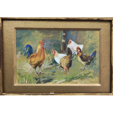 ANTICO PICCOLO QUADRO olio tavola DIPINTO GALLINE GALLO La Foret CORNICE ORO 900