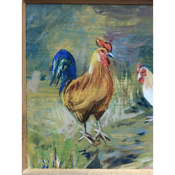 ANTICO PICCOLO QUADRO olio tavola DIPINTO GALLINE GALLO La Foret CORNICE ORO 900