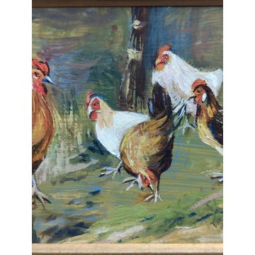 ANTICO PICCOLO QUADRO olio tavola DIPINTO GALLINE GALLO La Foret CORNICE ORO 900