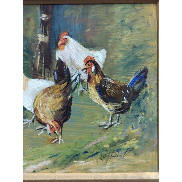 ANTICO PICCOLO QUADRO olio tavola DIPINTO GALLINE GALLO La Foret CORNICE ORO 900