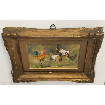 ANTICO PICCOLO QUADRO olio tavola DIPINTO GALLINE GALLO La Foret CORNICE ORO 900