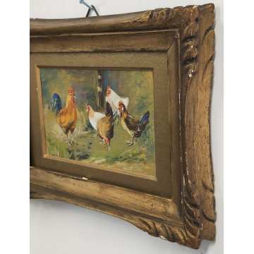 ANTICO PICCOLO QUADRO olio tavola DIPINTO GALLINE GALLO La Foret CORNICE ORO 900
