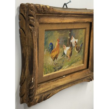 ANTICO PICCOLO QUADRO olio tavola DIPINTO GALLINE GALLO La Foret CORNICE ORO 900