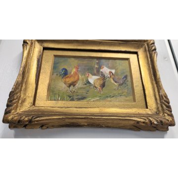 ANTICO PICCOLO QUADRO olio tavola DIPINTO GALLINE GALLO La Foret CORNICE ORO 900