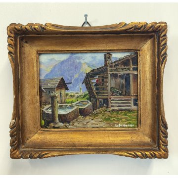 ANTICO PICCOLO QUADRO olio tavola DIPINTO MONTAGNA Baita Walser 1936 CORNICE ORO
