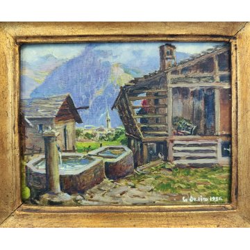 ANTICO PICCOLO QUADRO olio tavola DIPINTO MONTAGNA Baita Walser 1936 CORNICE ORO