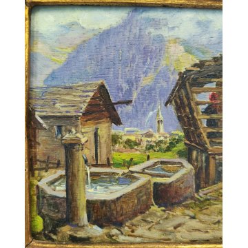 ANTICO PICCOLO QUADRO olio tavola DIPINTO MONTAGNA Baita Walser 1936 CORNICE ORO