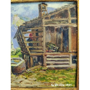 ANTICO PICCOLO QUADRO olio tavola DIPINTO MONTAGNA Baita Walser 1936 CORNICE ORO