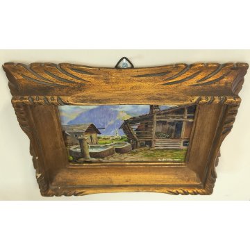 ANTICO PICCOLO QUADRO olio tavola DIPINTO MONTAGNA Baita Walser 1936 CORNICE ORO