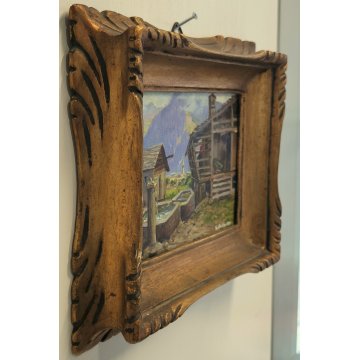 ANTICO PICCOLO QUADRO olio tavola DIPINTO MONTAGNA Baita Walser 1936 CORNICE ORO