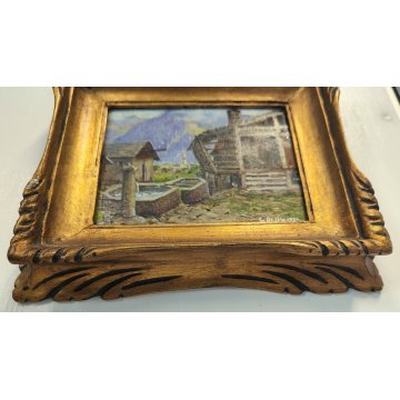 ANTICO PICCOLO QUADRO olio tavola DIPINTO MONTAGNA Baita Walser 1936 CORNICE ORO