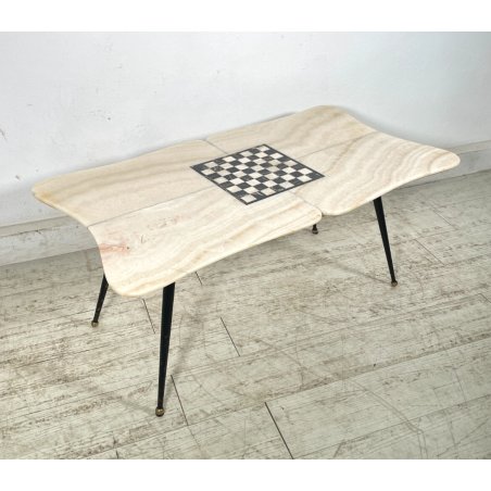 ANTICO TAVOLINO GIOCO VINTAGE ANNI 60 MARMO ALABASTRO SCACCHI OTTONE FUMO