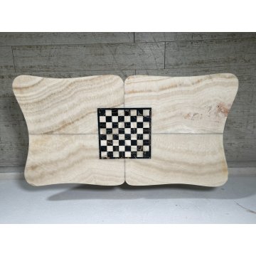ANTICO TAVOLINO GIOCO VINTAGE ANNI 60 MARMO ALABASTRO SCACCHI OTTONE FUMO