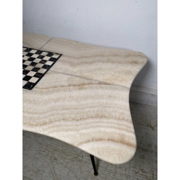 ANTICO TAVOLINO GIOCO VINTAGE ANNI 60 MARMO ALABASTRO SCACCHI OTTONE FUMO