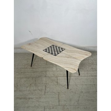ANTICO TAVOLINO GIOCO VINTAGE ANNI 60 MARMO ALABASTRO SCACCHI OTTONE FUMO