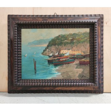 ANTICO QUADRO olio tavola DIPINTO R. Caiazzo MARINA PAESAGGIO golfo BARCHE VELA