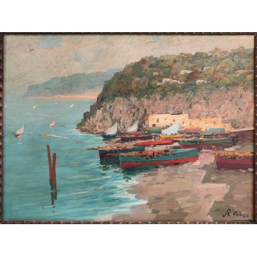 ANTICO QUADRO olio tavola DIPINTO R. Caiazzo MARINA PAESAGGIO golfo BARCHE VELA