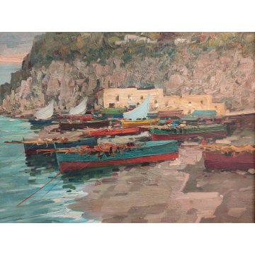 ANTICO QUADRO olio tavola DIPINTO R. Caiazzo MARINA PAESAGGIO golfo BARCHE VELA