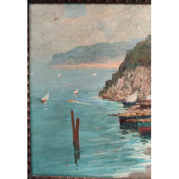 ANTICO QUADRO olio tavola DIPINTO R. Caiazzo MARINA PAESAGGIO golfo BARCHE VELA