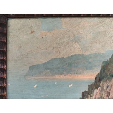 ANTICO QUADRO olio tavola DIPINTO R. Caiazzo MARINA PAESAGGIO golfo BARCHE VELA