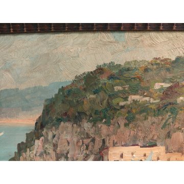 ANTICO QUADRO olio tavola DIPINTO R. Caiazzo MARINA PAESAGGIO golfo BARCHE VELA