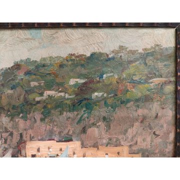 ANTICO QUADRO olio tavola DIPINTO R. Caiazzo MARINA PAESAGGIO golfo BARCHE VELA