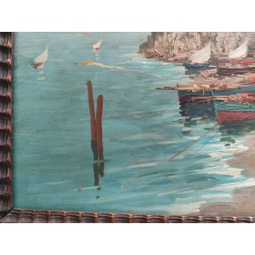ANTICO QUADRO olio tavola DIPINTO R. Caiazzo MARINA PAESAGGIO golfo BARCHE VELA