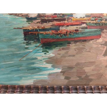 ANTICO QUADRO olio tavola DIPINTO R. Caiazzo MARINA PAESAGGIO golfo BARCHE VELA