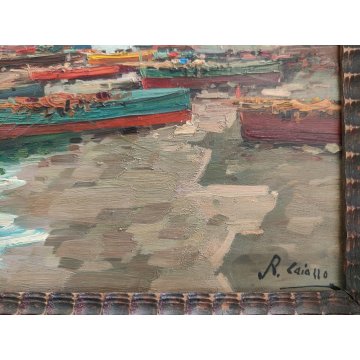 ANTICO QUADRO olio tavola DIPINTO R. Caiazzo MARINA PAESAGGIO golfo BARCHE VELA